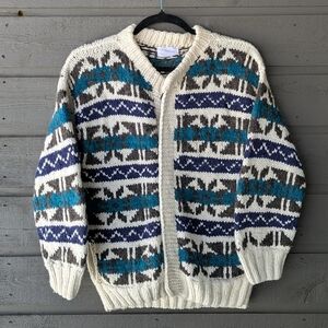 Otavalo Hand Made Ecuadorian 100% Wool Chunky Knit Cardigan Sweater Medium